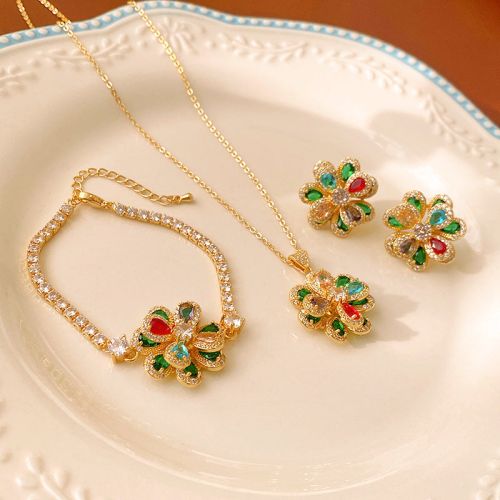 Colorful Huge Flower CZ Necklace, Prom Earrings, Eternity Bracelet | HN3527