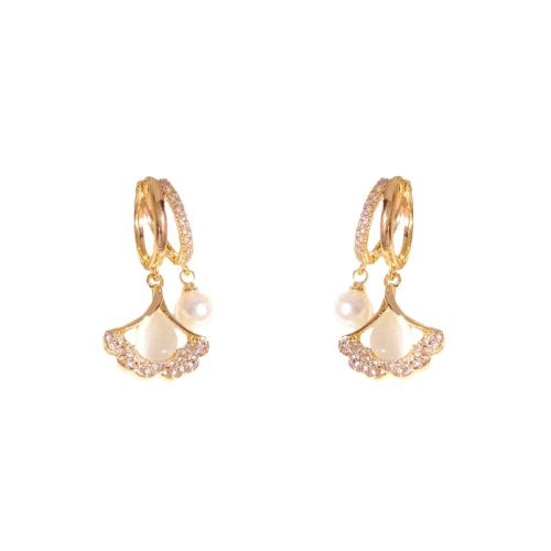 14K Gold Plated Ginkgo Leaf Huggie Earrings with Dangle Pearl | A8078