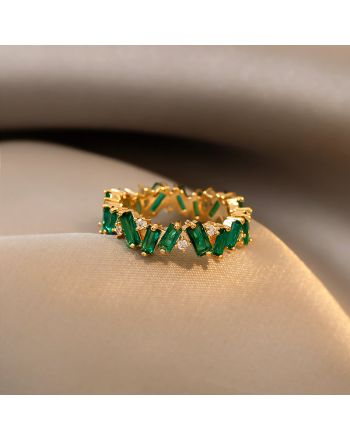 Gold Plated Green CZ Ring, Geometric Ring, CZ Jewelry, Green Ring | HR528