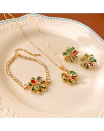 Colorful Huge Flower CZ Necklace, Prom Earrings, Eternity Bracelet | HN3527